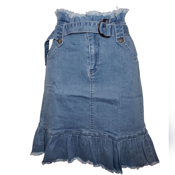 Hayden High Rise Ruffle Knee Length Denim Skirt Small - Picture 1 of 4